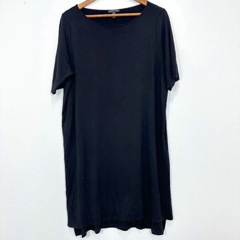 Eileen Fisher Size Large‎ Black Knit Midi Dress Minimalist Casual Stretch Jersey